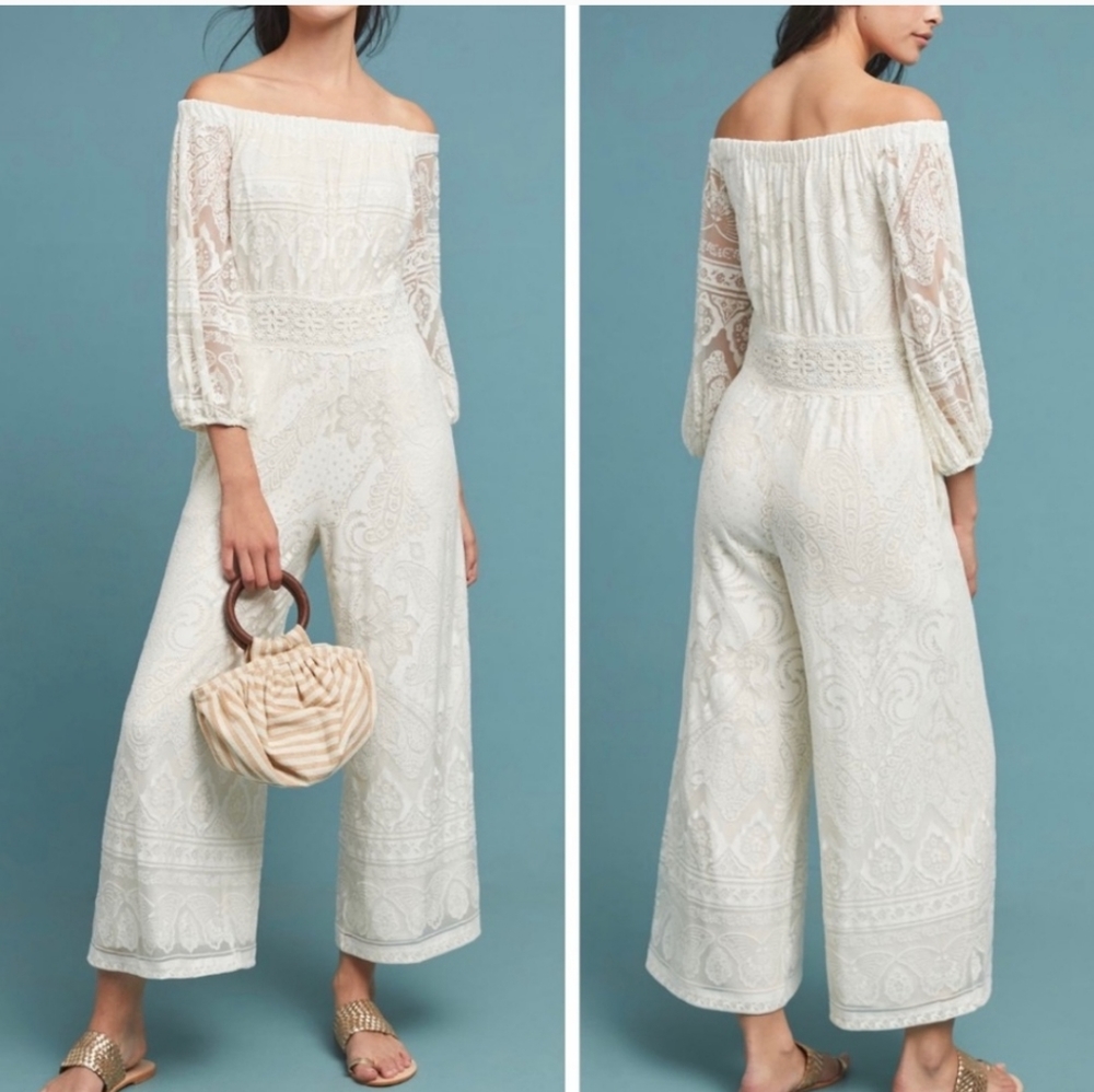Anthropologie x Farm Rio Elliot Off-The- Shoulder Lace Jumpsuits, Size S
